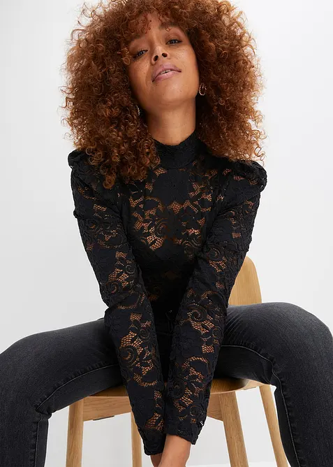 Maglia aderente in pizzo a maniche lunghe, bonprix