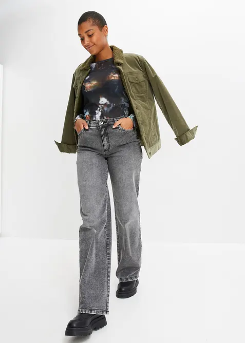 Jeans wide leg con borchiette, vita alta, bonprix