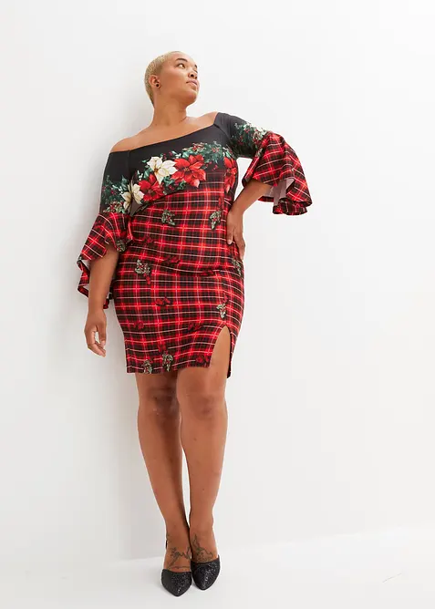 Abito a spalle scoperte in tessuto sostenuto effetto neoprene con motivo natalizio, bonprix