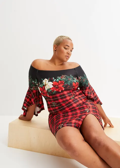 Abito a spalle scoperte in tessuto sostenuto effetto neoprene con motivo natalizio, bonprix