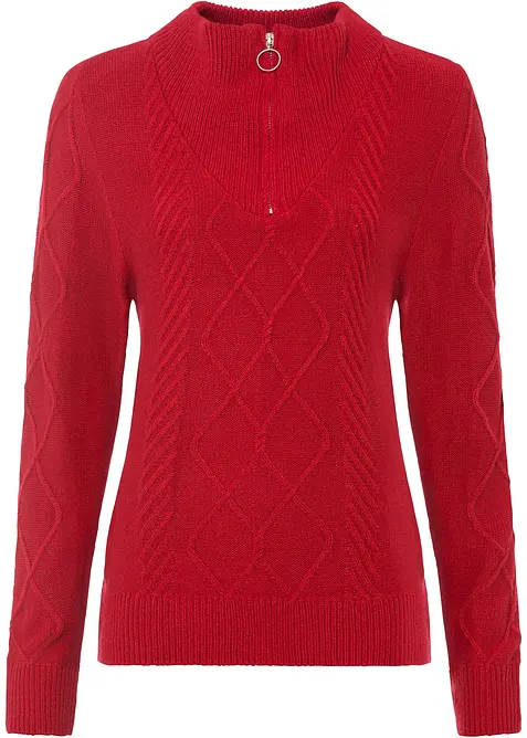 Maglione con zip, colletto e motivo a treccia, bonprix
