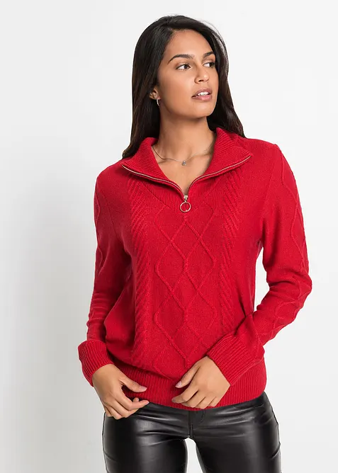 Maglione con zip, colletto e motivo a treccia, bonprix