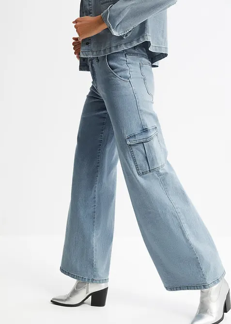 Jeans cargo wide leg, vita media, bonprix