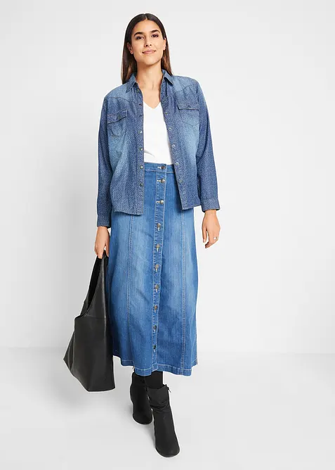 Gonna midi di jeans elasticizzato comfort, bonprix