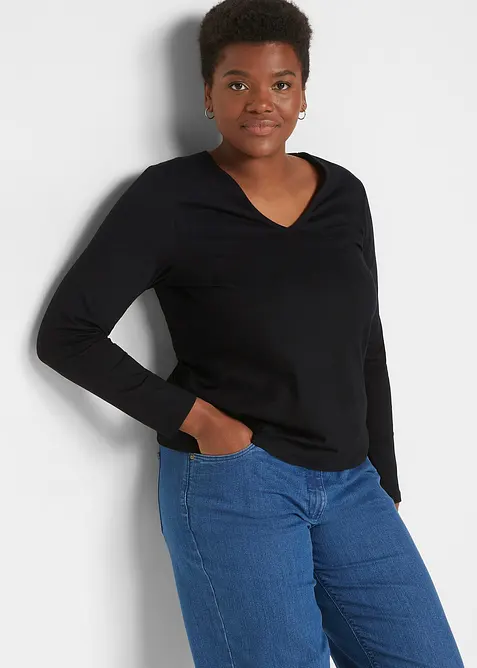 Maglia a maniche lunghe con scollo a V in cotone biologico, bonprix