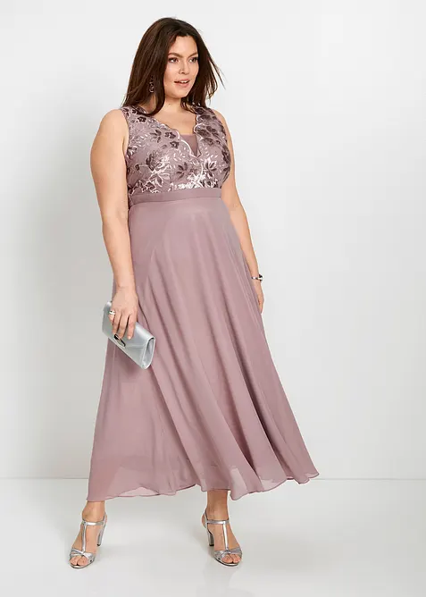 Abito lungo in chiffon con ricami in paillettes, bonprix