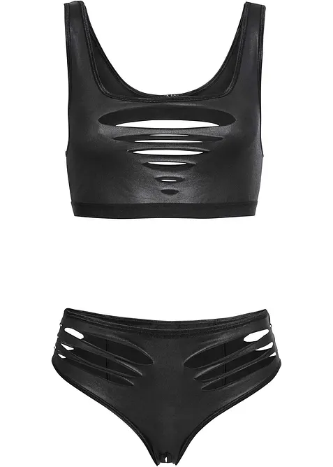 Reggiseno bustier e slip ouvert in look bagnato (set 2 pezzi), bonprix