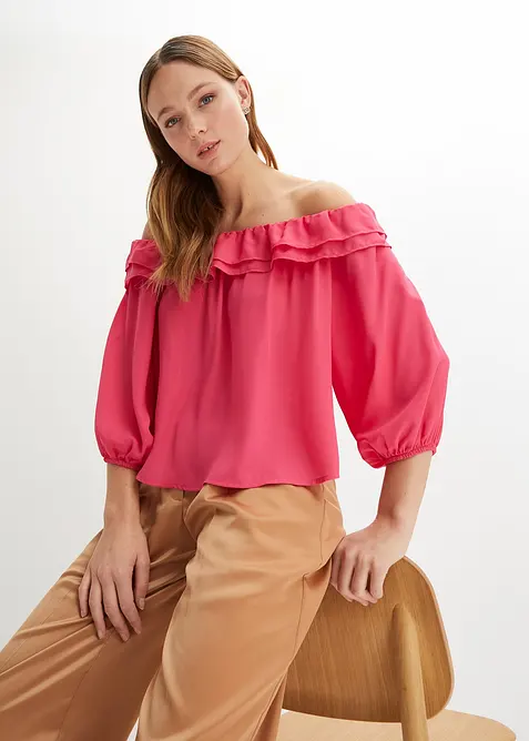 Blusa con spalle scoperte in poliestere riciclato, bonprix