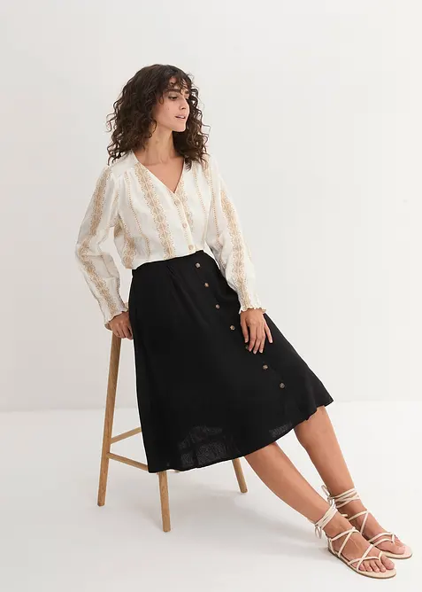 Gonna midi in misto lino con bottoni, bonprix