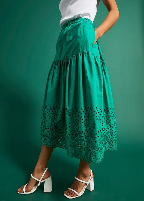 Gonna midi in puro cotone con ricami traforati, bonprix