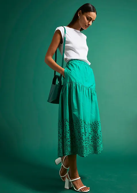 Gonna midi in puro cotone con ricami traforati, bonprix
