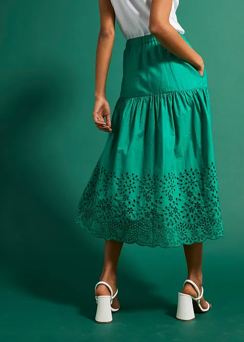 Gonna midi in puro cotone con ricami traforati, bonprix
