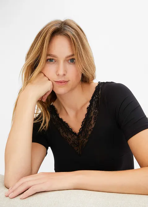 Body a mezze maniche in modal con pizzo, bonprix