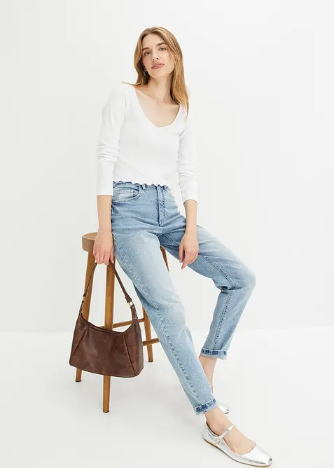 Mom jeans elasticizzati, vita alta, bonprix