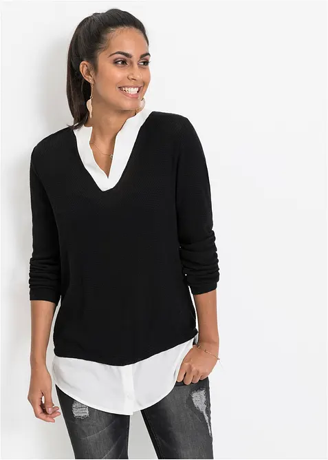 Maglione in filato fine con inserti effetto camicia, bonprix