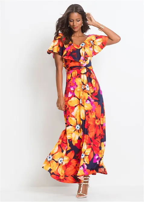 Abito lungo con volant e cintura, bonprix