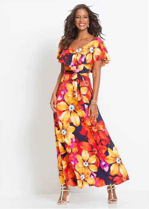 Abito lungo con volant e cintura, bonprix