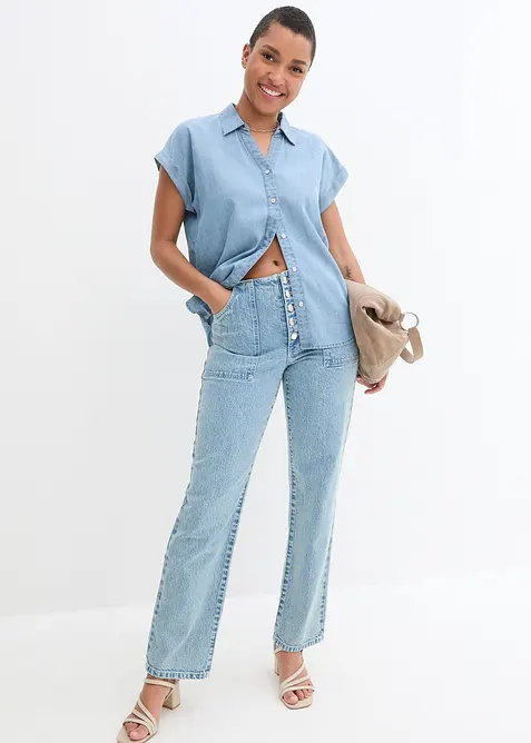 Camicetta di jeans a maniche corte con lino, bonprix