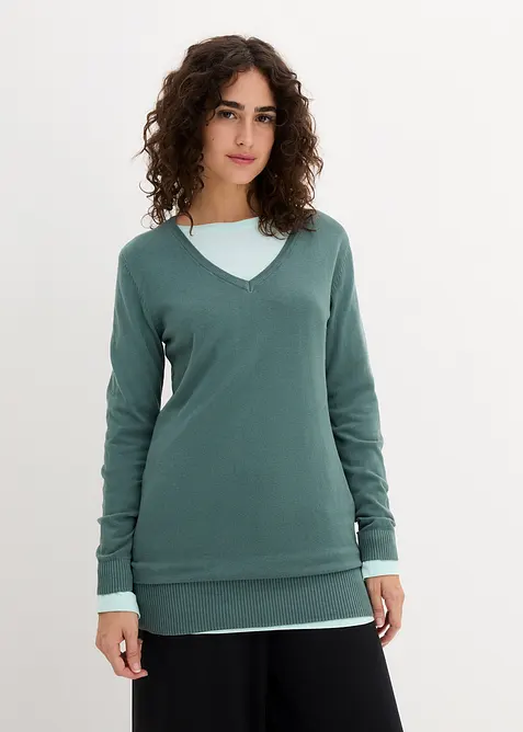 Maglione lungo basic in filato fine con scollo a V, bonprix