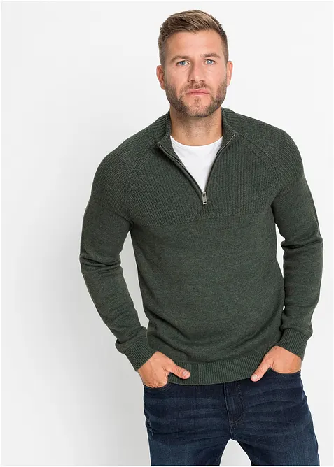 Maglione con collo alto e zip in morbido misto cotone, bonprix