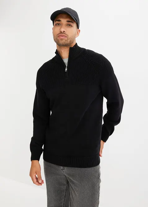 Maglione con collo alto e zip in morbido misto cotone, bonprix