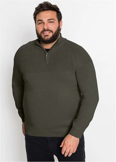 Maglione con collo alto e zip in morbido misto cotone, bonprix