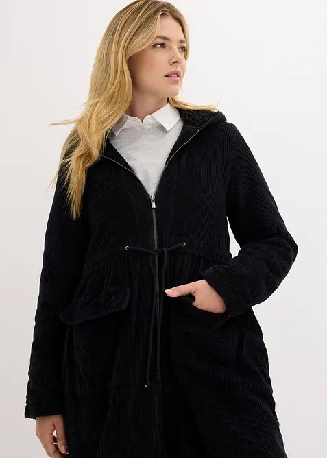 Cappotto in velluto a coste con cappuccio in pile teddy di puro cotone, bonprix