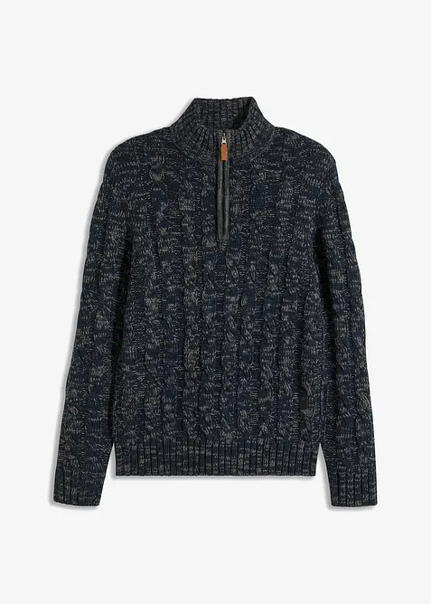 Maglione melange con cerniera e motivi a trecce, bonprix
