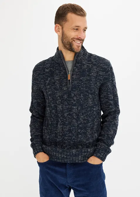 Maglione melange con cerniera e motivi a trecce, bonprix