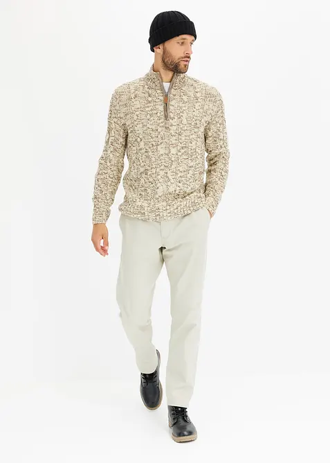 Maglione melange con cerniera e motivi a trecce, bonprix