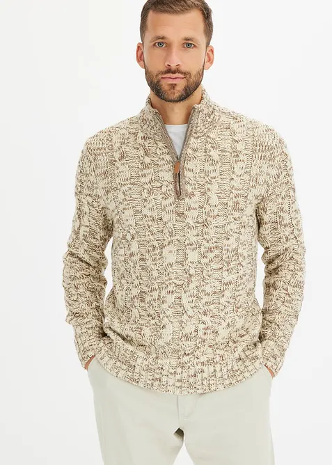 Maglione melange con cerniera e motivi a trecce, bonprix