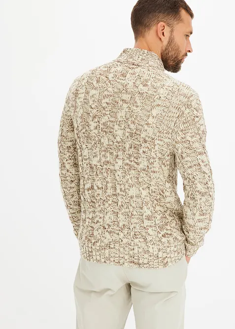 Maglione melange con cerniera e motivi a trecce, bonprix