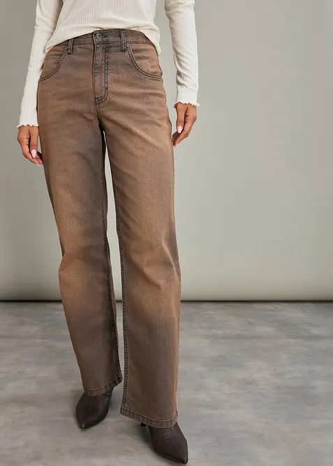 Jeans wide leg con lavaggio vintage, vita alta, bonprix
