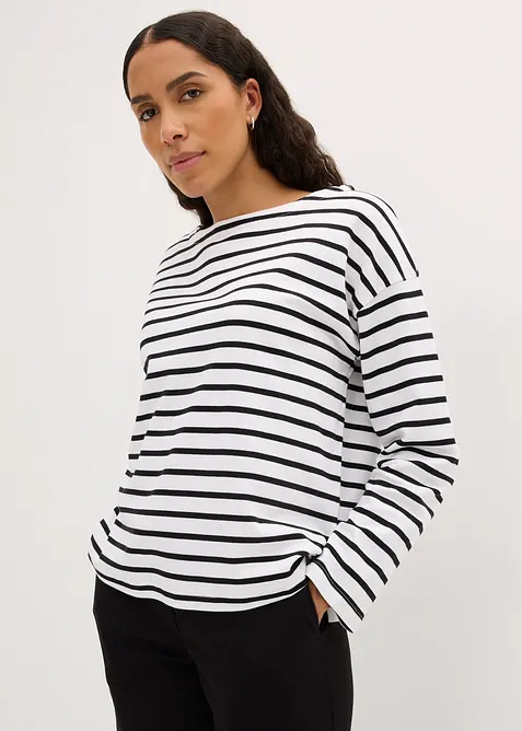 Maglia a maniche lunghe in cotone biologico con scollo leggermente a barca (pacco da 2), bonprix