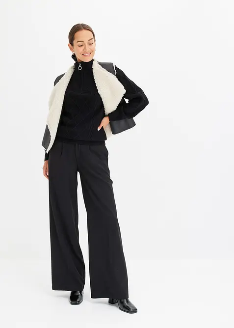 Maglione con zip, colletto e motivo a treccia, bonprix