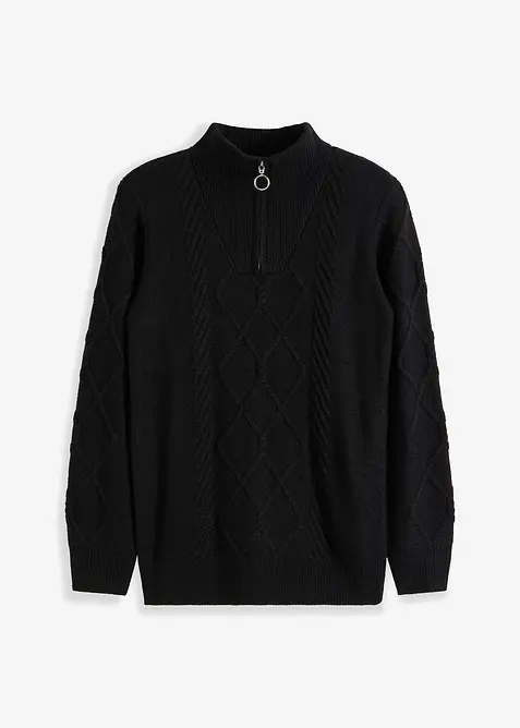 Maglione con zip, colletto e motivo a treccia, bonprix