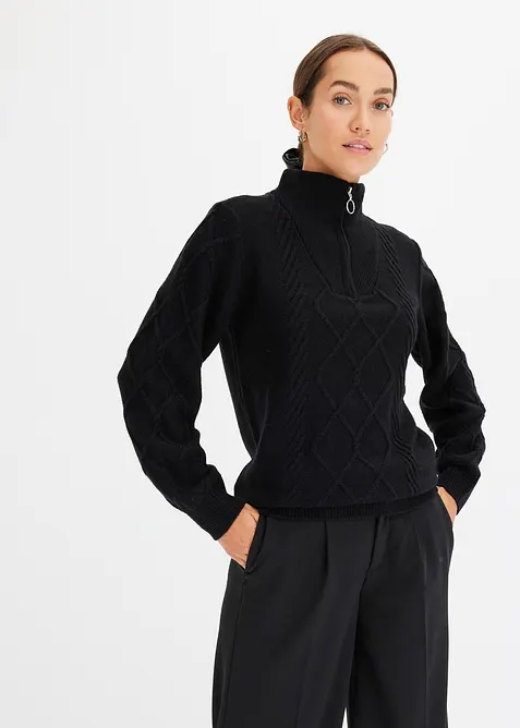 Maglione con zip, colletto e motivo a treccia, bonprix