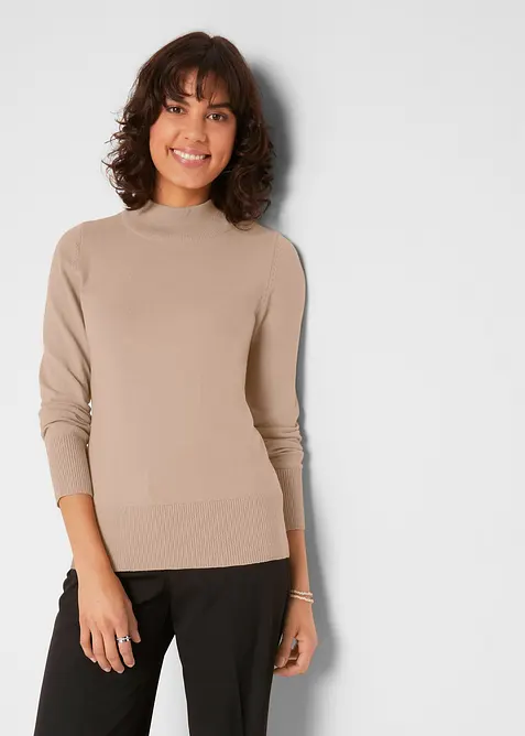 Maglione basic in filato fine con collo dritto e cotone riciclato, bonprix
