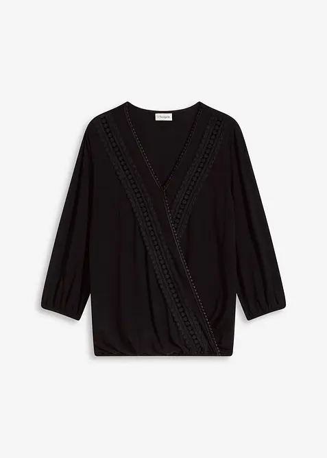 Maglia effetto a portafoglio con maniche a 3/4 e pizzo, bonprix