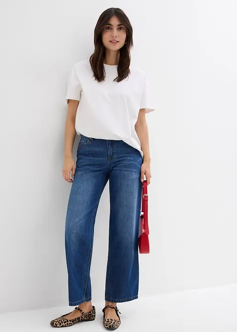 Baggy jeans cropped ultra morbidi, vita media, bonprix
