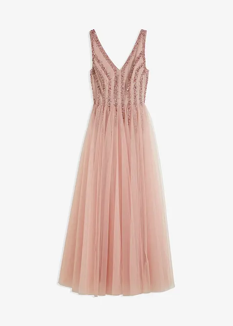 Abito lungo in fine tulle con ricami e paillettes, bonprix