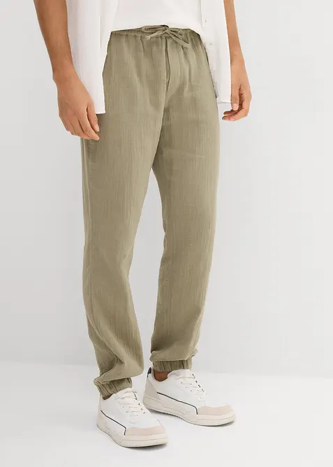 Pantaloni in mussola di puro cotone con elastico in vita regular fit, tapered, bonprix