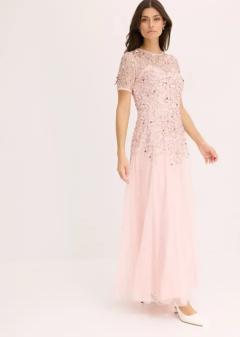 Abito lungo in tulle delicato con ricami e paillettes, bonprix