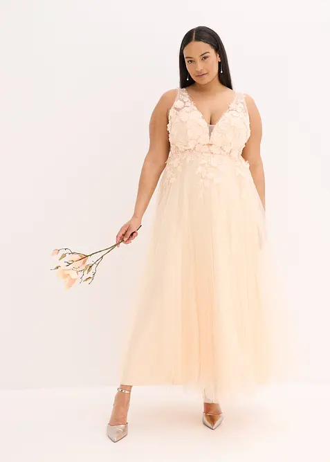 Abito lungo in tulle delicato con fiori applicati, bonprix