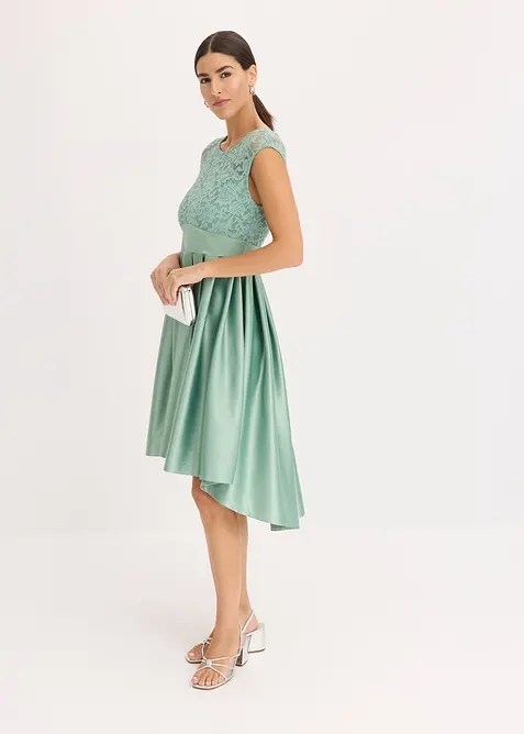 Abito asimmetrico in satin lucido con pizzo, bonprix