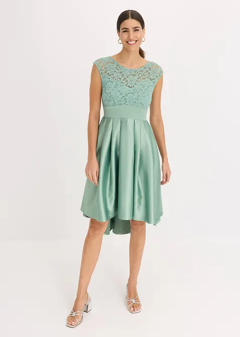 Abito asimmetrico in satin lucido con pizzo, bonprix