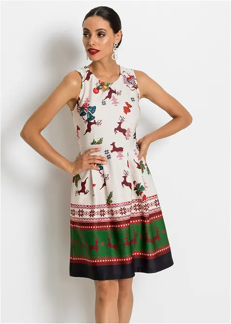 Abito in tessuto sostenuto effetto neoprene con motivo natalizio, bonprix