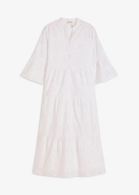 Abito lungo in puro cotone con ricami traforati, bonprix