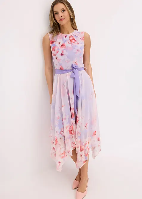 Abito di chiffon con fondo a punte e cintura da annodare, bonprix