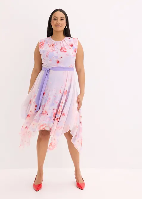 Abito di chiffon con fondo a punte e cintura da annodare, bonprix